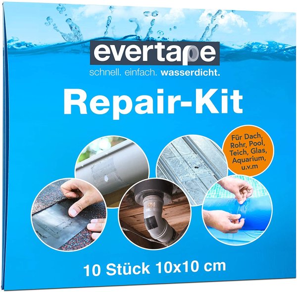 EVERFIX Evertape Repair Kit, Reparaturset, wasserdicht, Set zum Abdichten und Reparieren - auch auf nasser Fläche und unter Wasser verwendbar (10 x Tape 10 cm x 10 cm) transparent