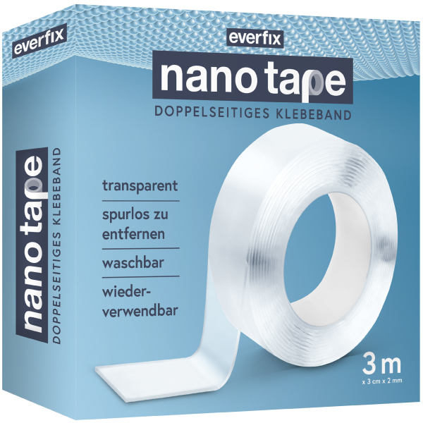 EVERFIX Nano Tape doppelseitiges Klebeband (3 m) extra stark &ndash; wieder spurlos zu entfernen, waschbar und wiederverwendbar