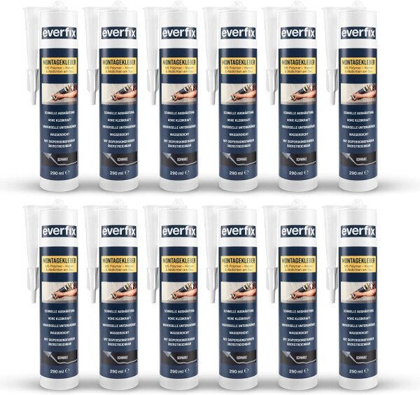 EVERFIX Montagekleber schwarz (12 Stück) für innen und außen, extra starker Kraftkleber für Metall, Holz, Fliesen, etc, Baukleber zum Kleben und Abdichten, 325 g / 290 ml