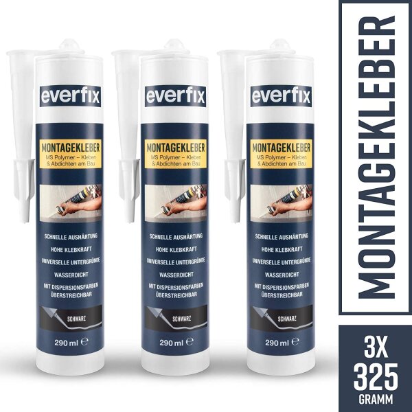 EVERFIX Montagekleber schwarz (3 Stück) für innen und außen, extra starker Kraftkleber für Metall, Holz, Fliesen, etc, Baukleber zum Kleben und Abdichten, 325 g / 290 ml