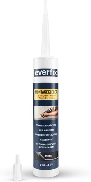 EVERFIX Montagekleber schwarz (1 Stück) für innen und außen, extra starker Kraftkleber für Metall, Holz, Fliesen, etc, Baukleber zum Kleben und Abdichten, 325 g / 290 ml