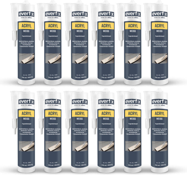 EVERFIX Acryl weiss, (310 ml, 12 Stück) Acryldichtstoff, Maleracryl, Strukturacryl Abdichtmasse, Fugendichtmasse zum abdichten, ausbessern und versiegeln, überstreichbar