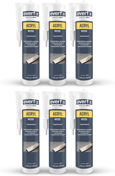 EVERFIX Acryl weiss, (310 ml, 6 Stück) Acryldichtstoff, Maleracryl, Strukturacryl Abdichtmasse, Fugendichtmasse zum abdichten, ausbessern und versiegeln, überstreichbar