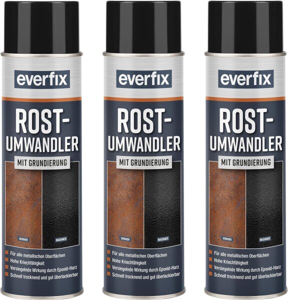 Everfix Rostumwandler Spray mit Grundierung (3 x 500 ml) Rostentferner für Metall - Rost entfernen an Auto, Fahrrad, Zaun, etc.