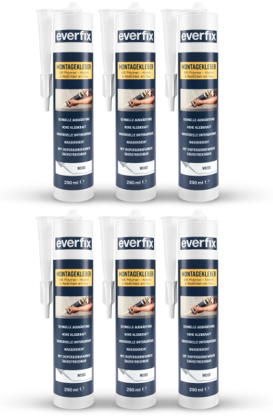 EVERFIX Montagekleber weiss (6 Stück) für innen und außen, kraftvoller Baukleber für Metall, Holz, Fliesen, etc, universell einsetzbar, zum Kleben und Abdichten, 325 g / 290 ml