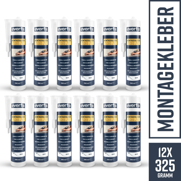 EVERFIX Montagekleber weiss (12 Stück) für innen und außen, kraftvoller Baukleber für Metall, Holz, Fliesen, etc, universell einsetzbar, zum Kleben und Abdichten, 325 g / 290 ml