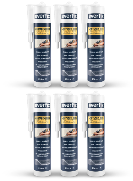 EVERFIX Montagekleber transparent (6 Stück) für innen und außen, kraftvoller Baukleber für Metall, Holz, Fliesen, etc, universell einsetzbar, zum Kleben und Abdichten, 325 g / 290 ml