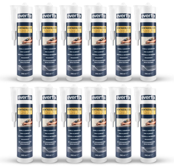 EVERFIX Montagekleber transparent (12 Stück) für innen und außen, kraftvoller Baukleber für Metall, Holz, Fliesen, etc, universell einsetzbar, zum Kleben und Abdichten, 325 g / 290 ml
