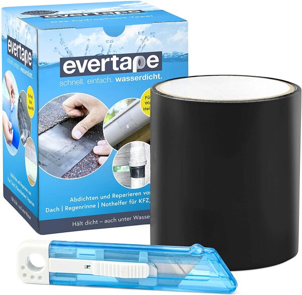 EVERFIX Evertape Reparatur Klebeband, Reparaturset, wasserdicht, Set zum Abdichten und Reparieren - auch auf nasser Fläche und unter Wasser verwendbar (10 cm x 150 cm) schwarz